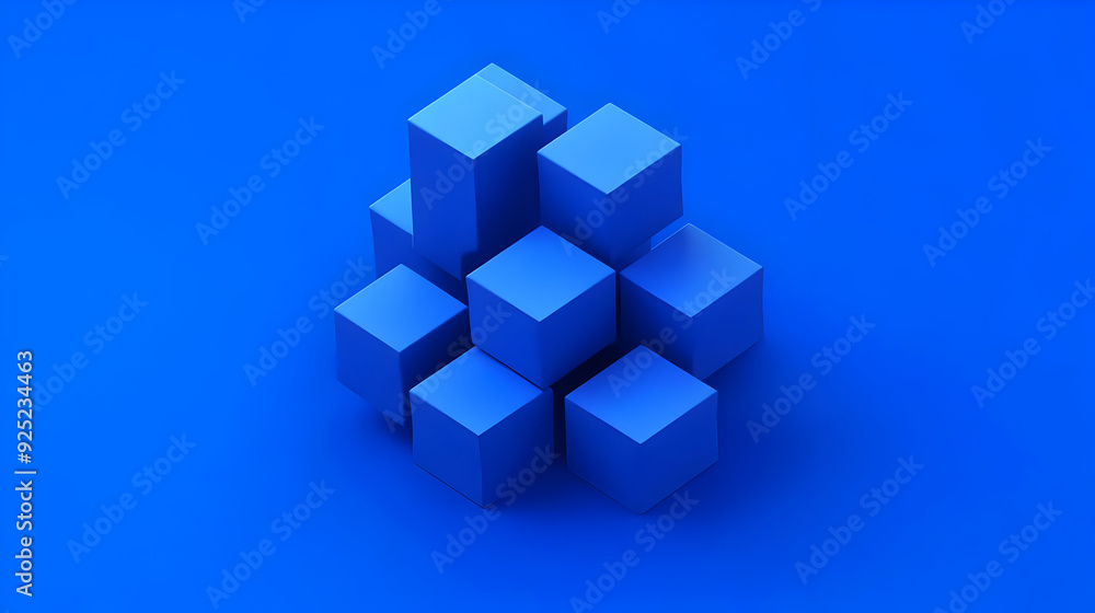 Poster a cluster of blue 3d cubes arranged in a geometric pattern on a blue background.