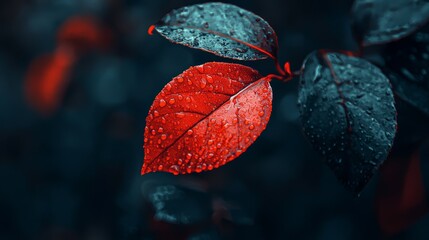  Close-up of a red leaf on a tree branch, adorned with water droplets, against a black backdrop