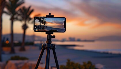 Mobile phone on a tripod, ensuring stability and precision in every shot for mobile photography