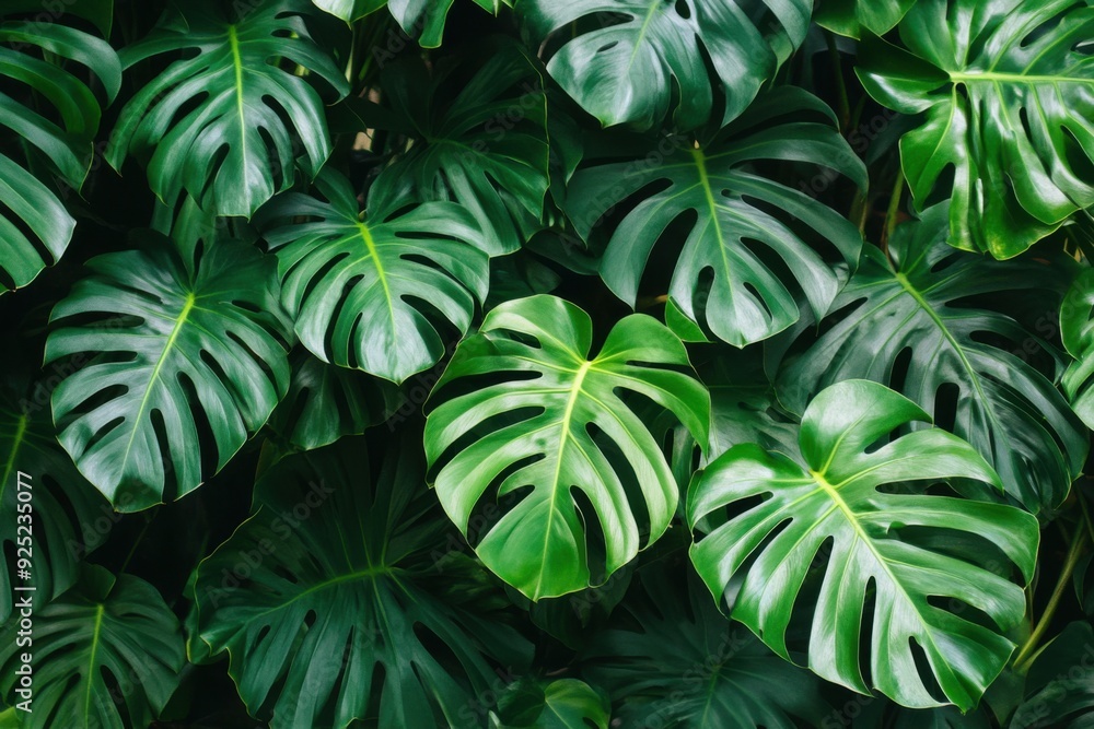 Poster giant monstera leaves in lush greenery, creating an abstract tropical background with copy space. a 