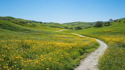 Obraz premium A winding road cutting through a lush green field dotted with yellow wildflowers, under a clear blue sky