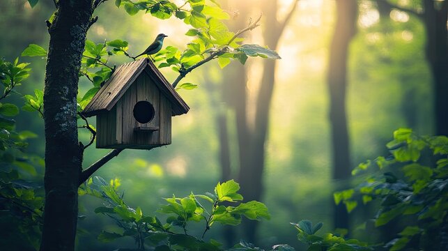 A wooden birdhouse perched on a tree branch, surrounded by dense green foliage in a peaceful forest