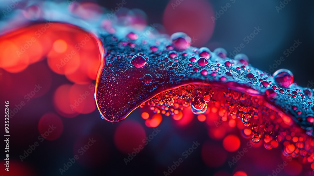 Poster  A tight shot of water droplets on a red-blue surface, lit by red and blue background lights