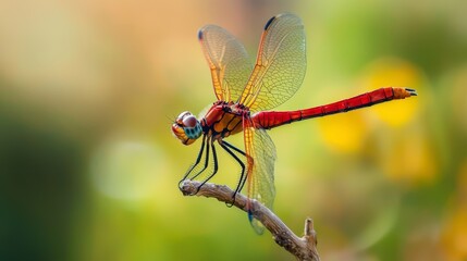  A dragonfly perched on a branch against a softly blurred backdrop of yellow and green blooms