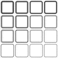 Set of square black frames with rounded corners isolated on white background. Simple geometric ornament. Collection of borders for decorating text, printing on paper, textiles. Vector illustration