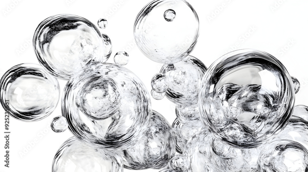 Poster a cluster of transparent bubbles floating against a light background.