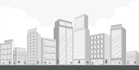 Light gray urban cityscape background. City buildings with trees and cloud. Monochrome urban landscape with road. Modern architectural flat style vector illustration.