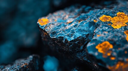  A tight shot of a stone with yellow paint splatters, surrounded by rocks in the background