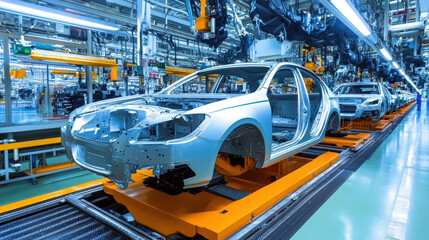 Factory workers assembling electric motors for next-generation vehicles