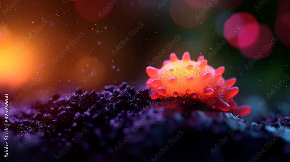 Poster a tight shot of a red and yellow object against a black background, surrounded by hazy lights