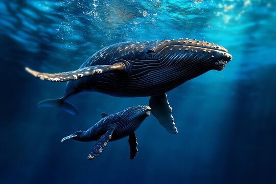 A humpback whale and her calf swim together in the deep blue ocean.