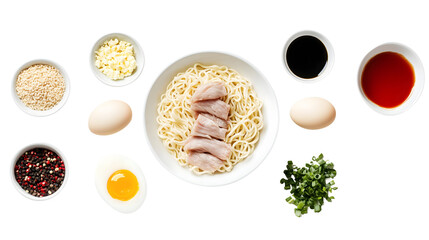 A Noodles vibrant display of Easter eggs and flowers alongside a delicious breakfast with eggs, toast, and bacon condiment