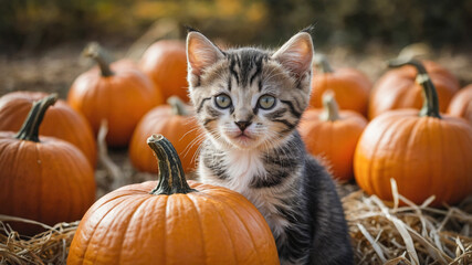 Kitten Cat at Pumpkin Patch Halloween 