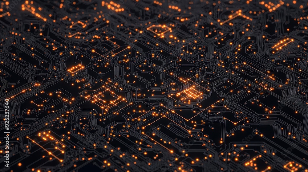 Poster abstract representation of a dark circuit board with glowing nodes, symbolizing technology and innov