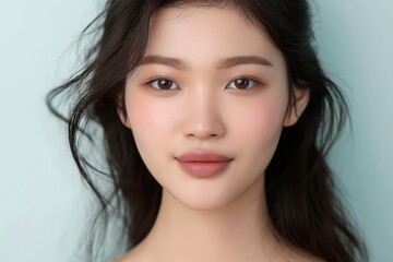 Fototapeta premium close up face portrait of young pretty tan skin Asian woman with bright flawless skin, beauty cosmetic or facial skincare fashion portrait with copy space