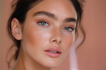 Naklejka premium close up face portrait of young pretty tan skin Asian woman with bright flawless skin, beauty cosmetic or facial skincare fashion portrait with copy space