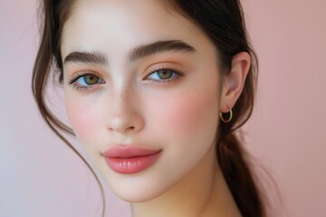 Obraz premium close up face portrait of young pretty tan skin Asian woman with bright flawless skin, beauty cosmetic or facial skincare fashion portrait with copy space