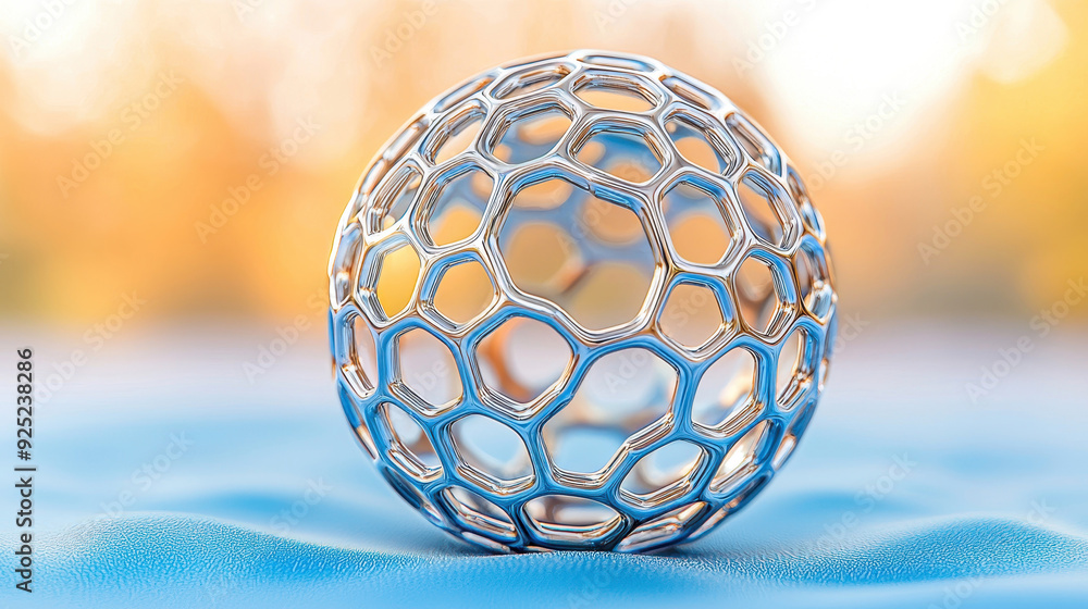 Poster a detailed and artistic rendering of a metallic sphere with a honeycomb pattern, set against a soft 