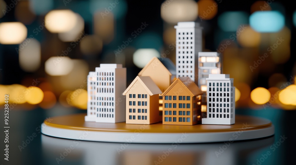 Poster a detailed miniature cityscape showcasing various building designs and styles with soft bokeh lighti
