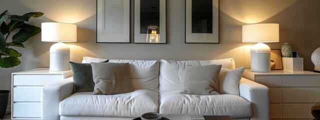 Cozy living room with soft lighting and modern decor featuring a white sofa and stylish accessories