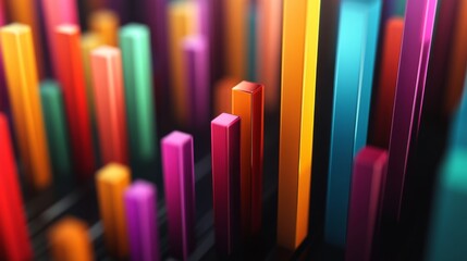 Obraz premium A close-up of a 3D bar graph with colorful bars rising against a dark background, showcasing detailed data visualization with clear axis labels.