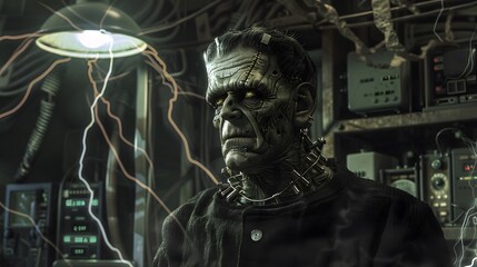 A detailed depiction of Frankenstein's monster in an electrifying laboratory environment with wires and machinery.