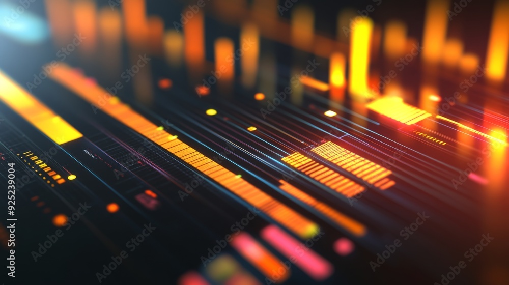 Poster a close-up of a 3d bar graph with illuminated bars and shadows, illustrating performance metrics wit