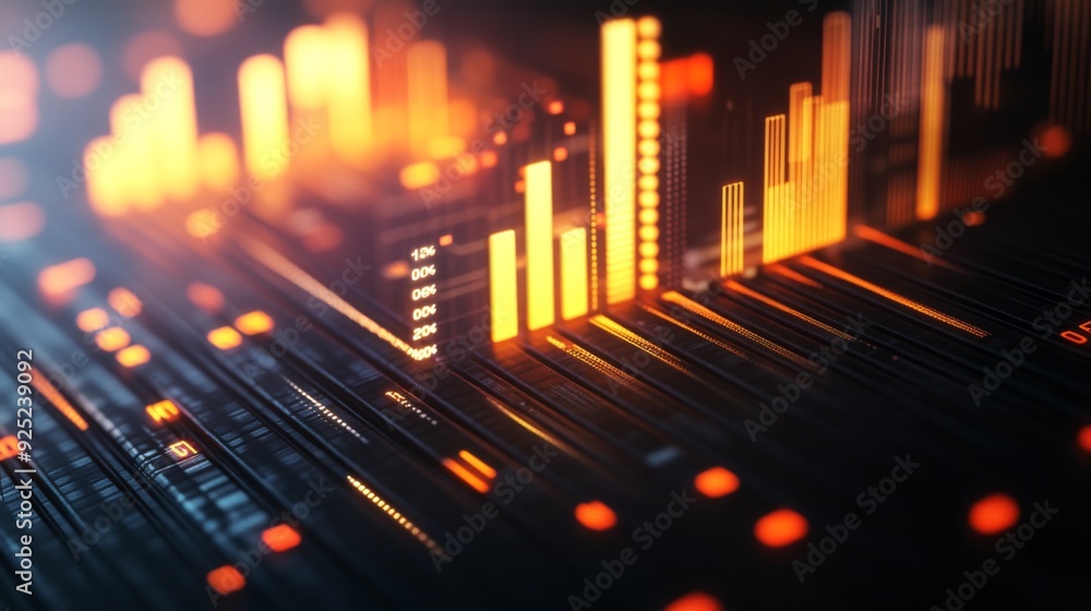 Poster a close-up of a 3d bar graph with illuminated bars and shadows, illustrating performance metrics wit