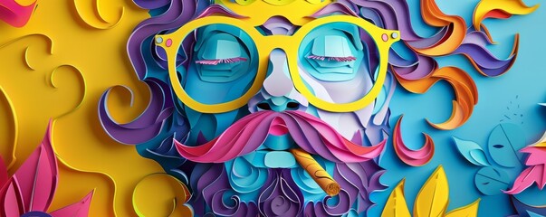 Fototapeta premium Colorful abstract paper cut art of a man with glasses and crown