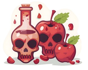 Cartoon illustration of poison bottle and apple skulls with red drops, evoking a spooky, Halloween-themed vibe.