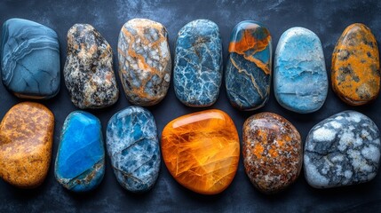 Vibrant collection of polished stones on dark background - generative ai