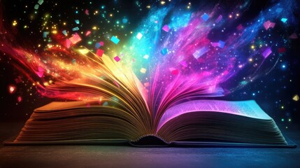 An open book with vibrant, colorful lights swirling around, representing the boundless imagination within