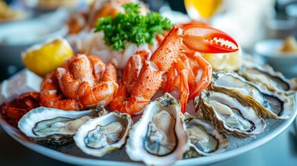 A close-up of a beautifully arranged seafood platter with shrimp, oysters, and crab, showcasing their vibrant colors and textures on a white plate.