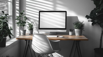 Minimalist home office setup with green plants and sunlight - generative ai