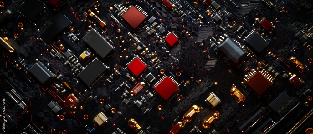 Poster close-up view of a circuit board showcasing intricate components and vibrant colors, ideal for techn