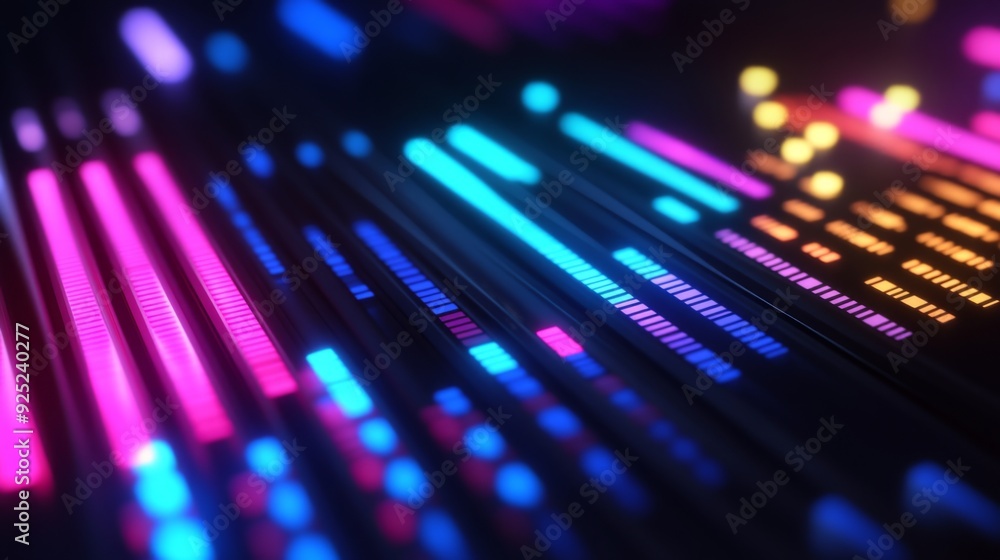 Poster a close-up of a 3d bar graph with illuminated bars and shadows, illustrating performance metrics wit