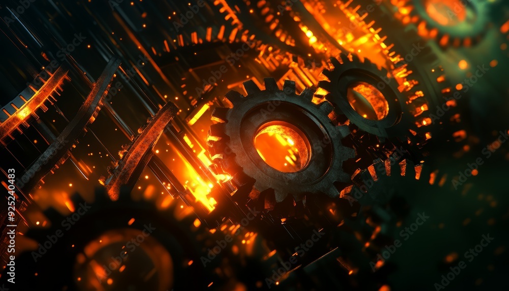 Poster dynamic close-up of glowing gears creating energy, symbolizing innovation and technology in a mechan