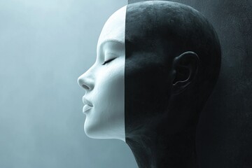 A conceptual image of a face split in half symbolizing the duality of mental health, with one side expressing anxiety and darkness while the other side radiates light and peace. The two halves merge