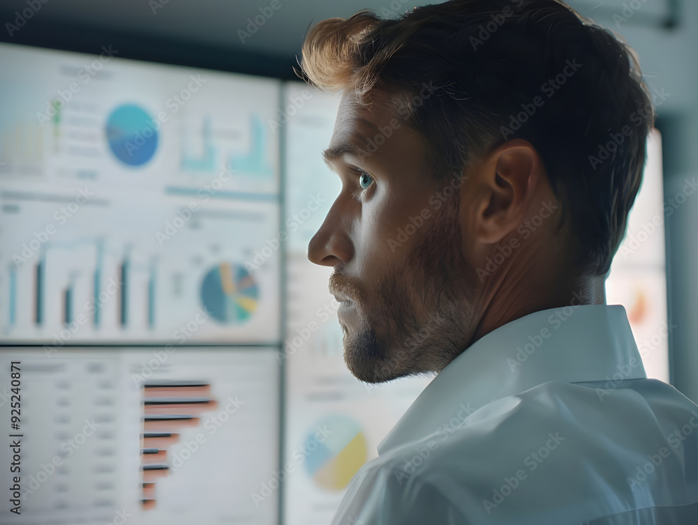 Poster A thoughtful businessman analyzes financial charts and graphs displayed on large screens, reflecting data-driven decision-making in a corporate setting.