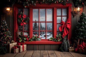 Cozy Christmas window scene with decorated trees and gift boxes in a winter setting