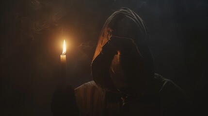 man in a hoodie and a burning candle in a dark room