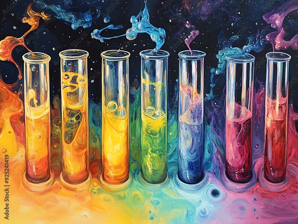 Poster colorful liquids exploding from test tubes against a dark background