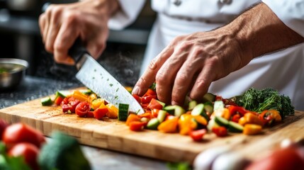 A close-up of a chef's hands chopping fresh vegetables on a wooden cutting board, with a focus on the vibrant colors and precise knife work.