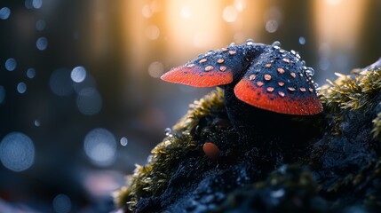  A tight shot of a red and black mushroom against a mossy backdrop, adorned with droplets of water on its surface