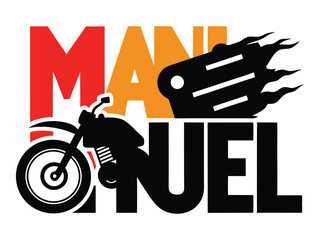 Illustration of a custom motorcycle with mountains and sunset, featuring the text 'Maniuel,' ideal for T-shirt designs