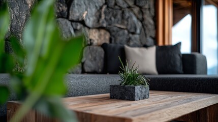  A table with a potted plant sits in front of a stone wall Behind the scene, a couch is visible in the background