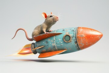 Rat riding a rocket on white background