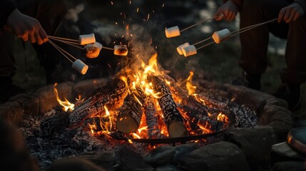 Toasting marshmallows over an open fire, with skewers and flames creating a classic outdoor experience