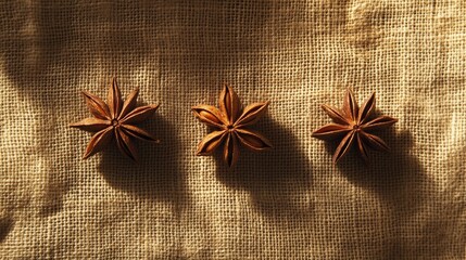 Three star anise spices arranged neatly on a rustic, burlap cloth, with a soft shadow cast from natural light