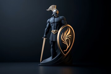 A muscular warrior stands tall, armed with a sword and shield, against a dark background.